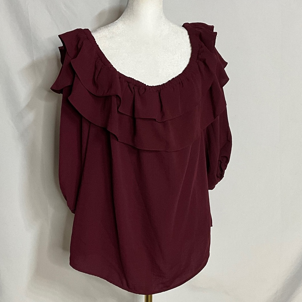 Vince Camuto Crisp Merlot Mood Indigo Ruffled Blouse